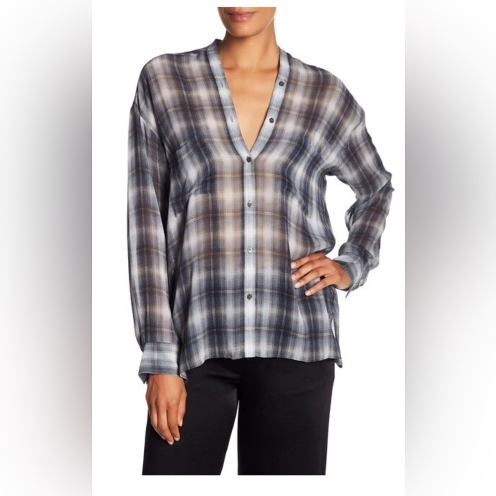 Vince Shadow Plaid Silk Long Sleeve Twilight Blouse